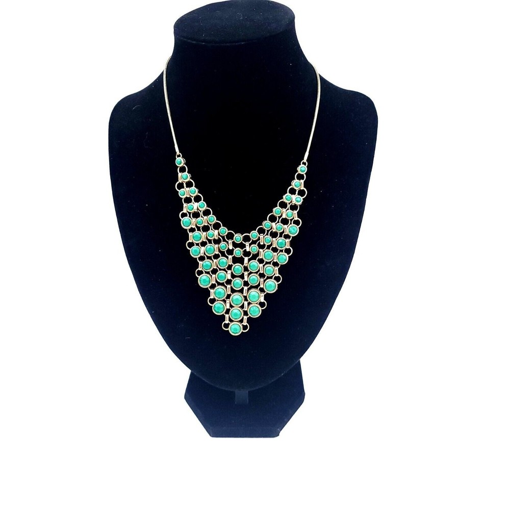 Vintage Green Acrylic & Rhinestone Articulated Bib Necklace‎ In Gold Tone Metal